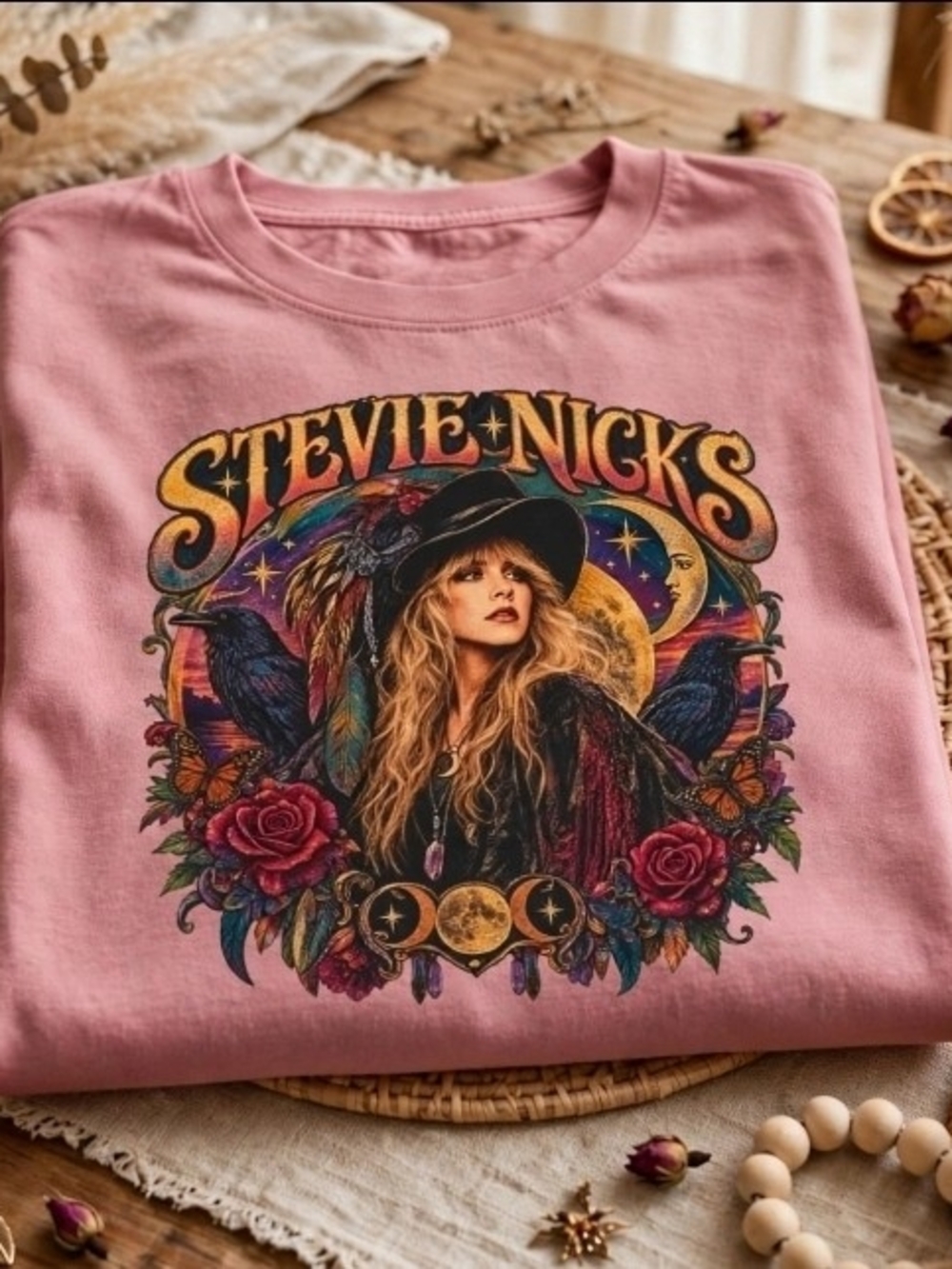 Stevie Nicks Boho T-Shirt | Vintage Witchy Floral Moon Graphic Tee | NWT S/M